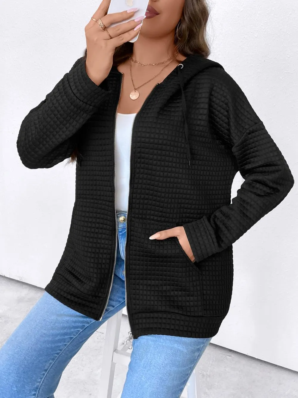 YOXUA Women's Plus Size Casual Hoodies Sweatshirt,Long Sleeve Camouflage Patchwork Full Zipper Drawstring Top with Pocket