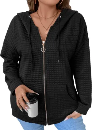 YOXUA Women's Plus Size Casual Hoodies Sweatshirt,Long Sleeve Camouflage Patchwork Full Zipper Drawstring Top with Pocket