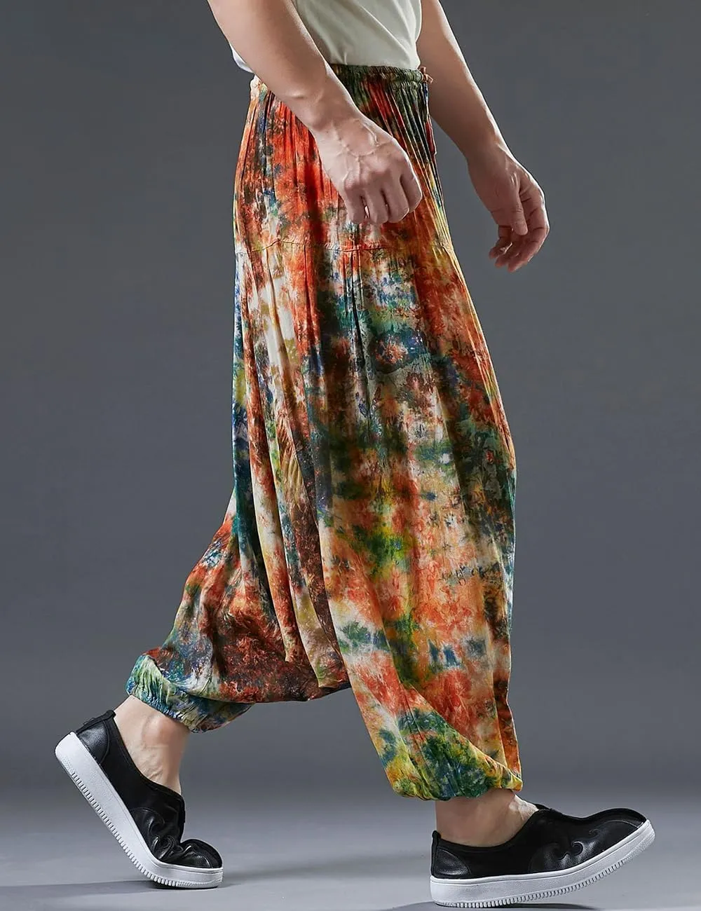 Ystylee Men Women Bohemian Cotton Harem Pants Pockets Tie Dye Drop Crotch Baggy Hippie Yoga Trousers