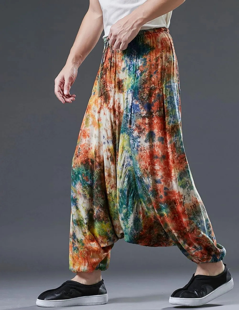 Ystylee Men Women Bohemian Cotton Harem Pants Pockets Tie Dye Drop Crotch Baggy Hippie Yoga Trousers