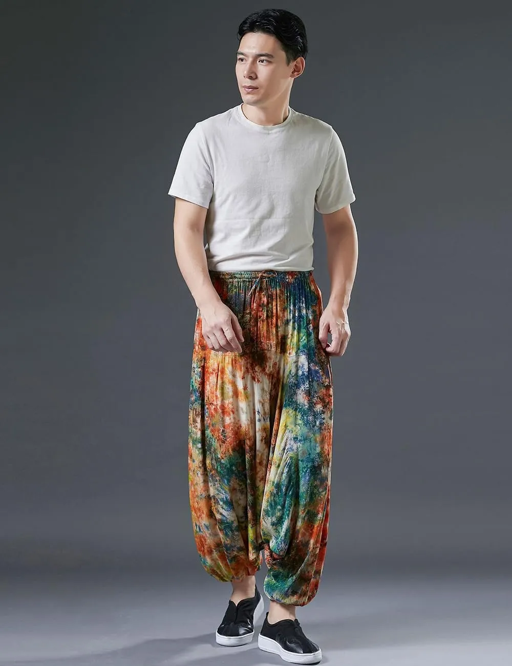 Ystylee Men Women Bohemian Cotton Harem Pants Pockets Tie Dye Drop Crotch Baggy Hippie Yoga Trousers