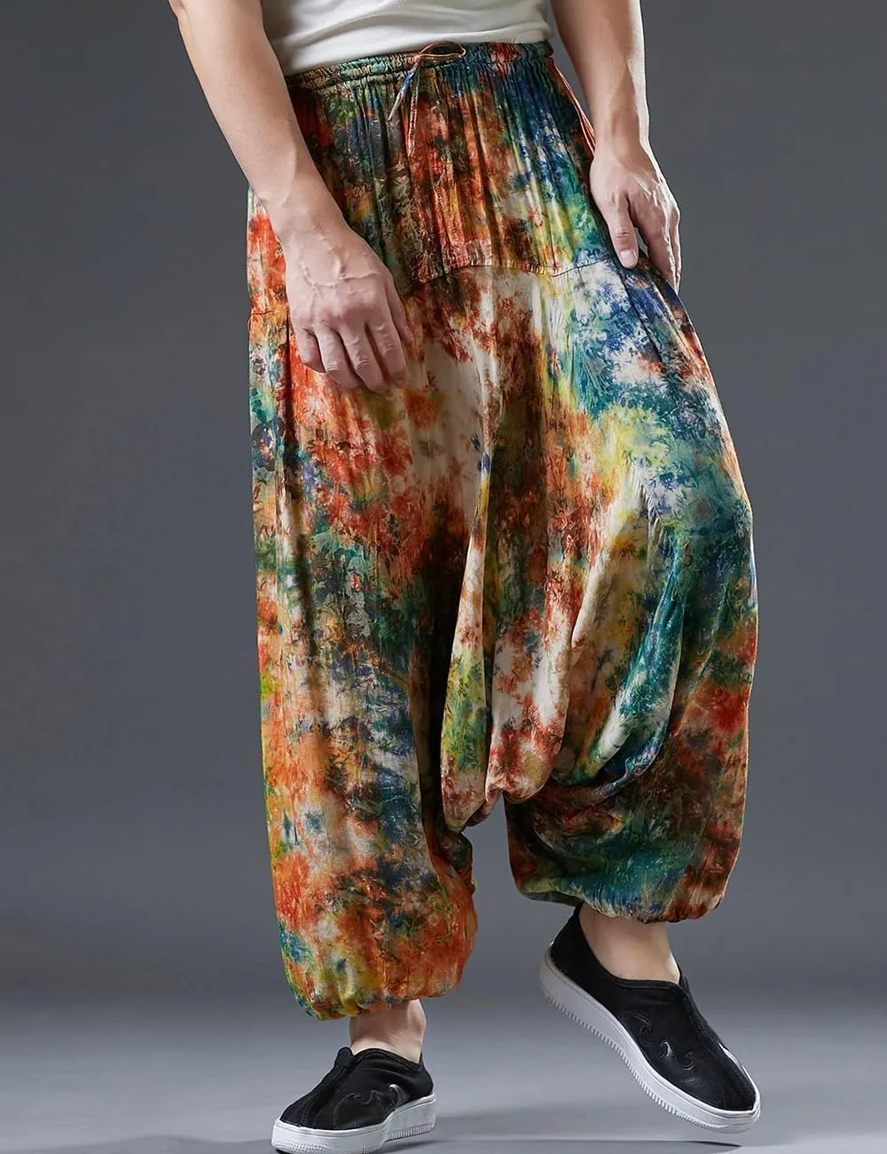 Ystylee Men Women Bohemian Cotton Harem Pants Pockets Tie Dye Drop Crotch Baggy Hippie Yoga Trousers