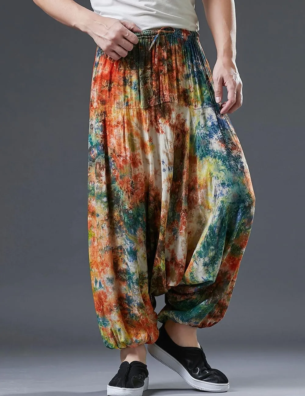 Ystylee Men Women Bohemian Cotton Harem Pants Pockets Tie Dye Drop Crotch Baggy Hippie Yoga Trousers