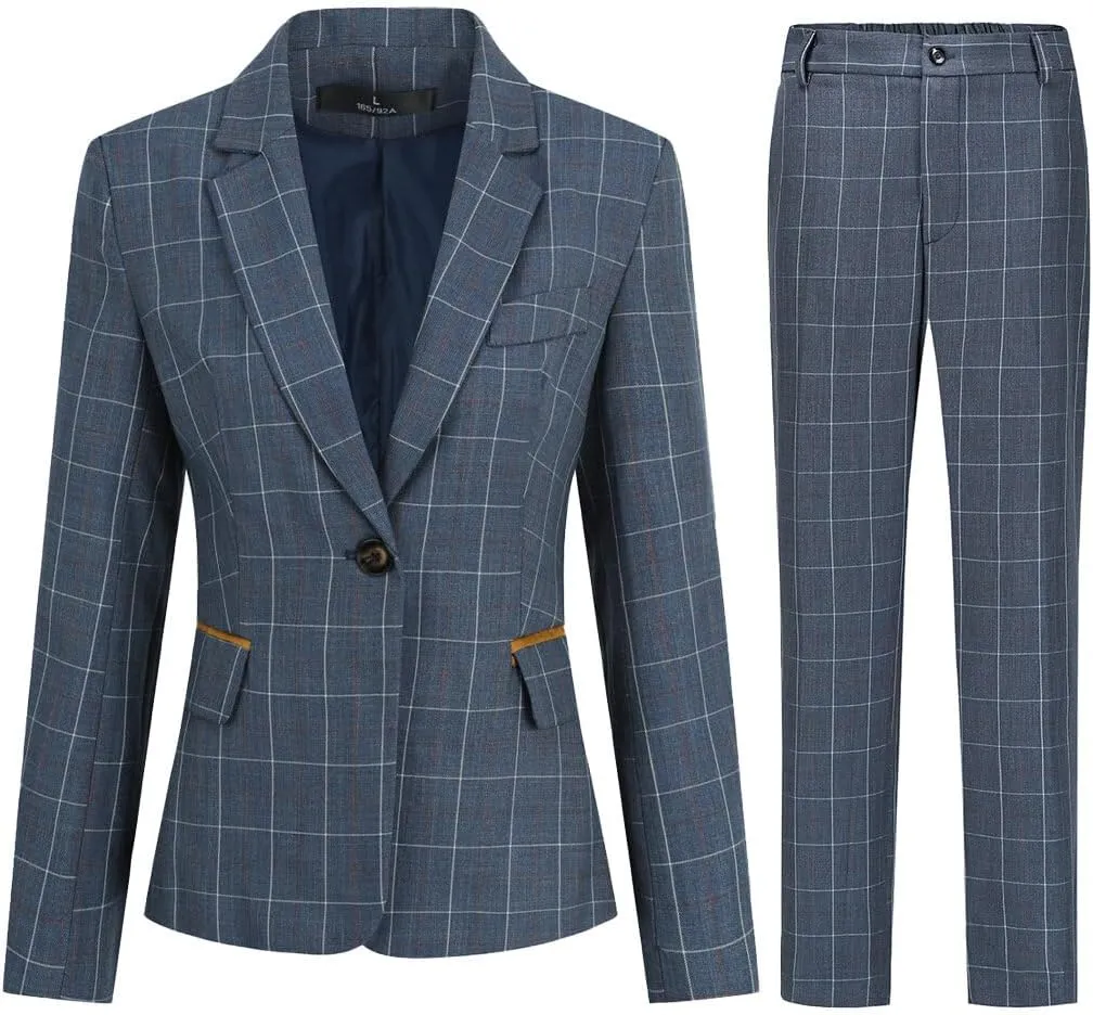 YYNUDA Women's Business Plaid Suit Set Lady 2 Piece 1 Button Office Blazer Jacket and Pants for Work