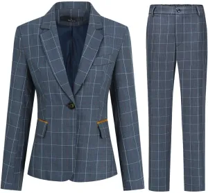 YYNUDA Women's Business Plaid Suit Set Lady 2 Piece 1 Button Office Blazer Jacket and Pants for Work