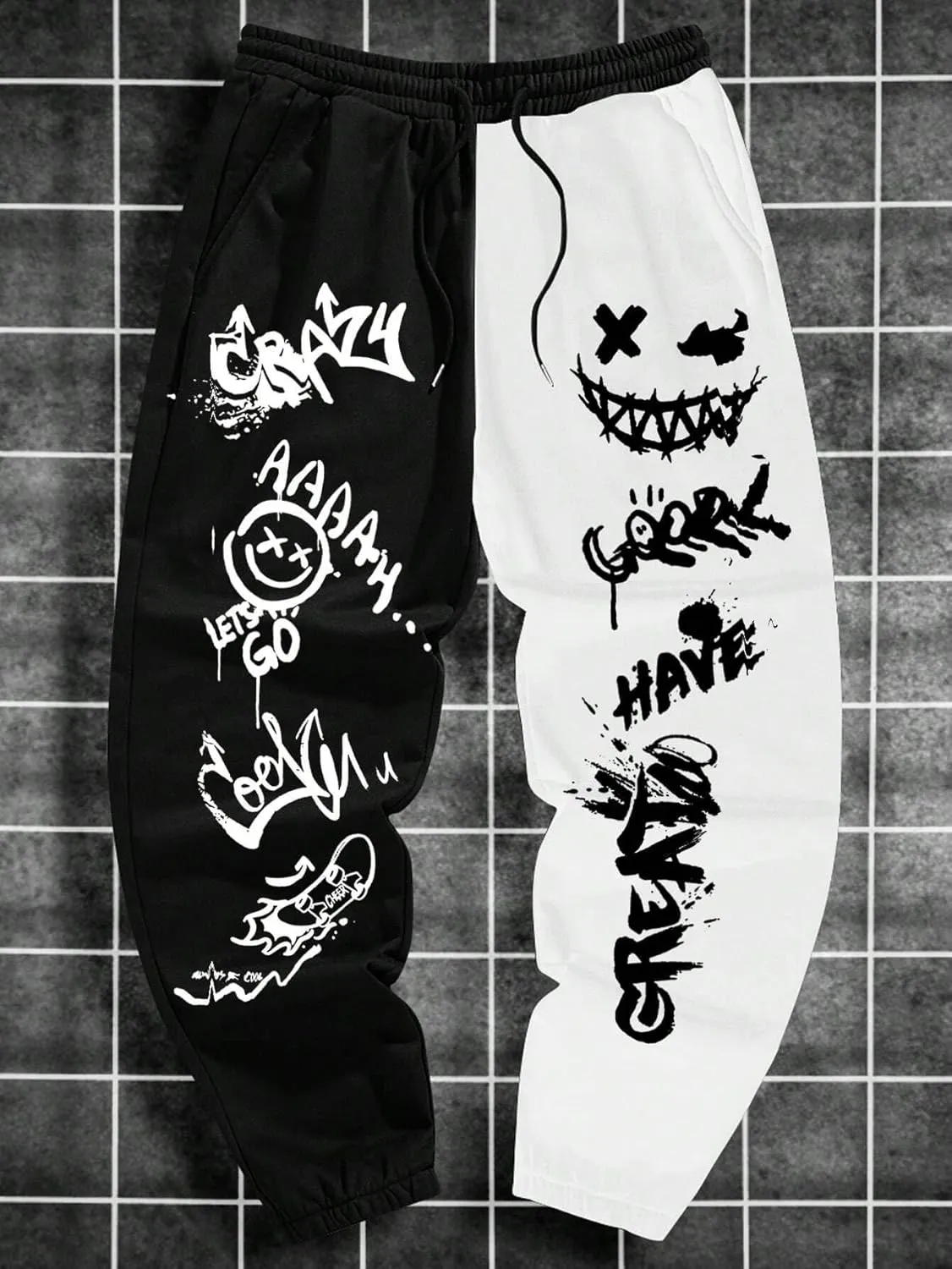 ZAFUL Men's Sweatpants Tapered Gym Running Workout Pants Cartoon Face Print Athletic Drawstring Joggers with Pockets