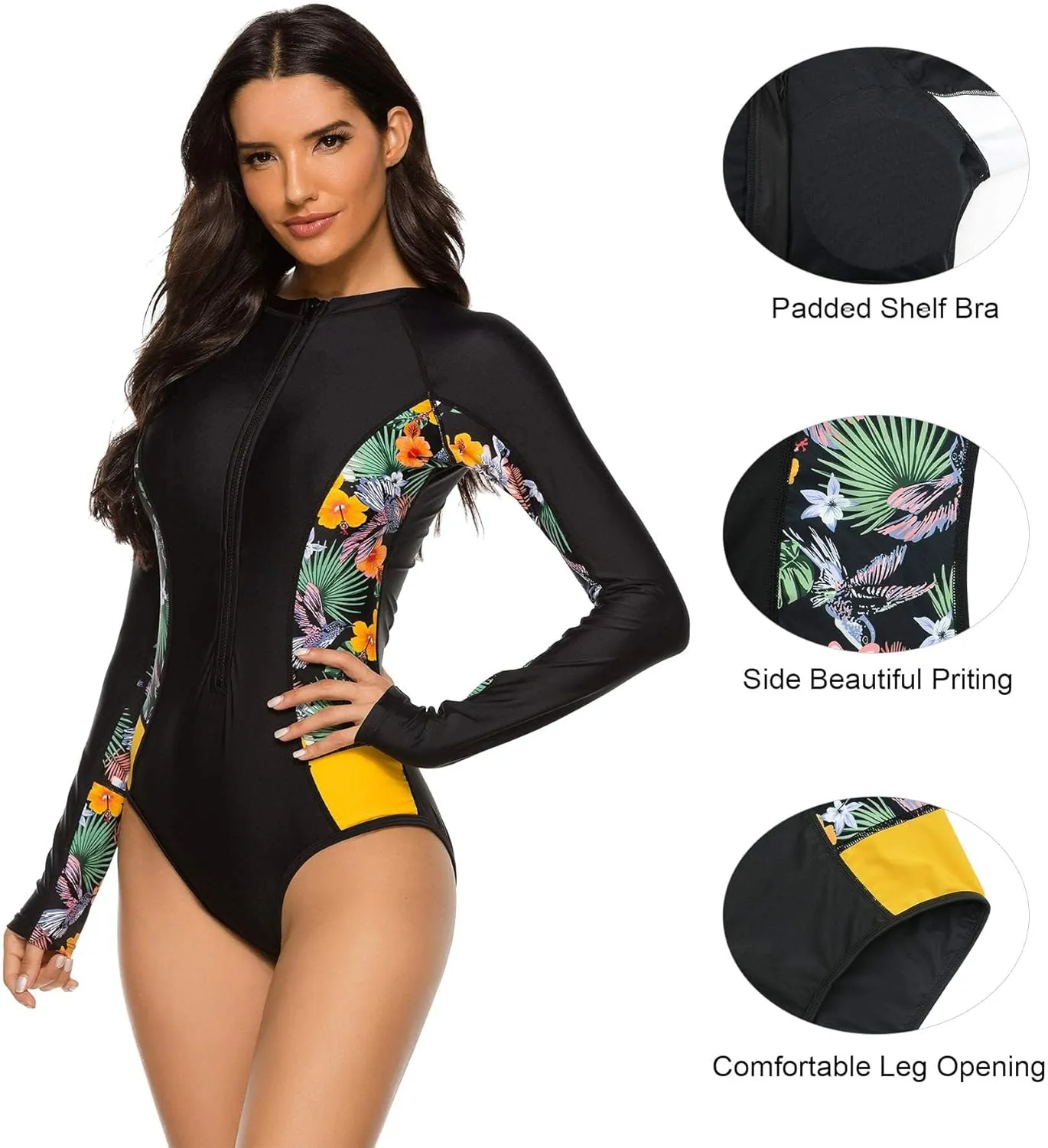 Zando Long Sleeve Swimsuit Women UPF 50  One Piece for Womens Zip Floral Athletic Swim Wear Bathing Suit