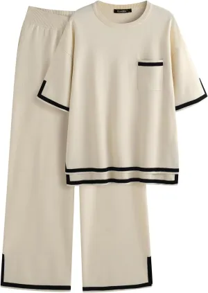 ZANZEA Women's 2 Piece Outfits Lounge Sets Short Sleeve Knit Pullover Tops Wide leg Pajama Sets with Pockets