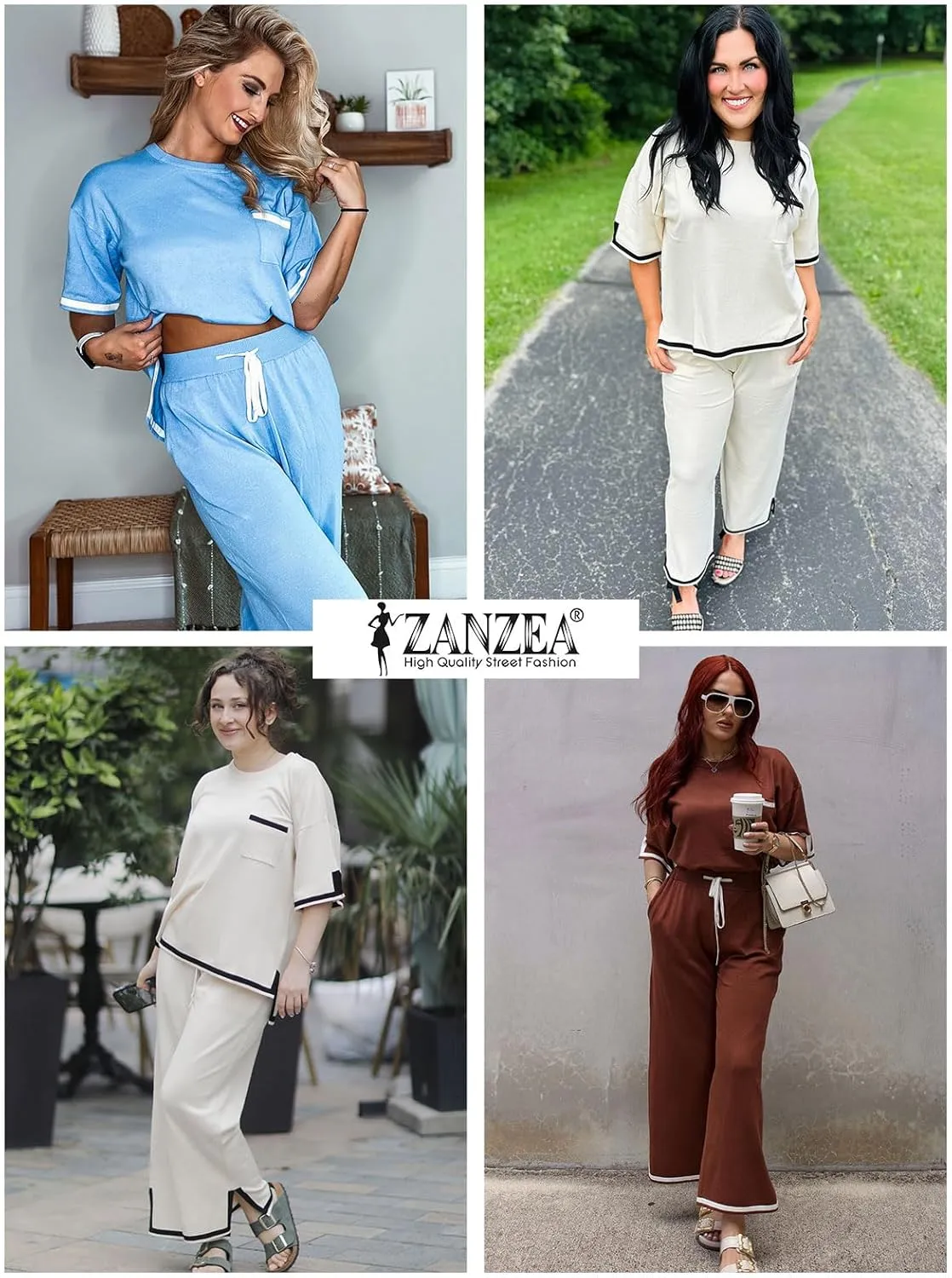 ZANZEA Women's 2 Piece Outfits Lounge Sets Short Sleeve Knit Pullover Tops Wide leg Pajama Sets with Pockets