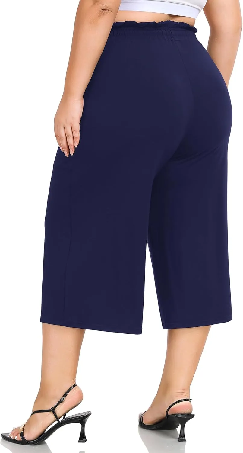 ZERDOCEAN Women's Plus Size Wide Leg Capris High Waisted Casual Lounge Pants with Drawstring Pockets