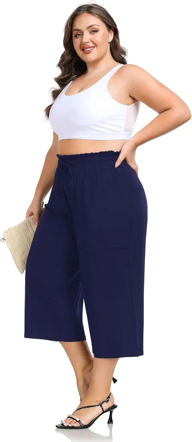 ZERDOCEAN Women's Plus Size Wide Leg Capris High Waisted Casual Lounge Pants with Drawstring Pockets