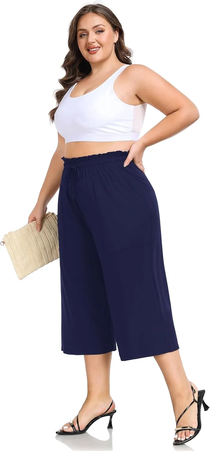 ZERDOCEAN Women's Plus Size Wide Leg Capris High Waisted Casual Lounge Pants with Drawstring Pockets