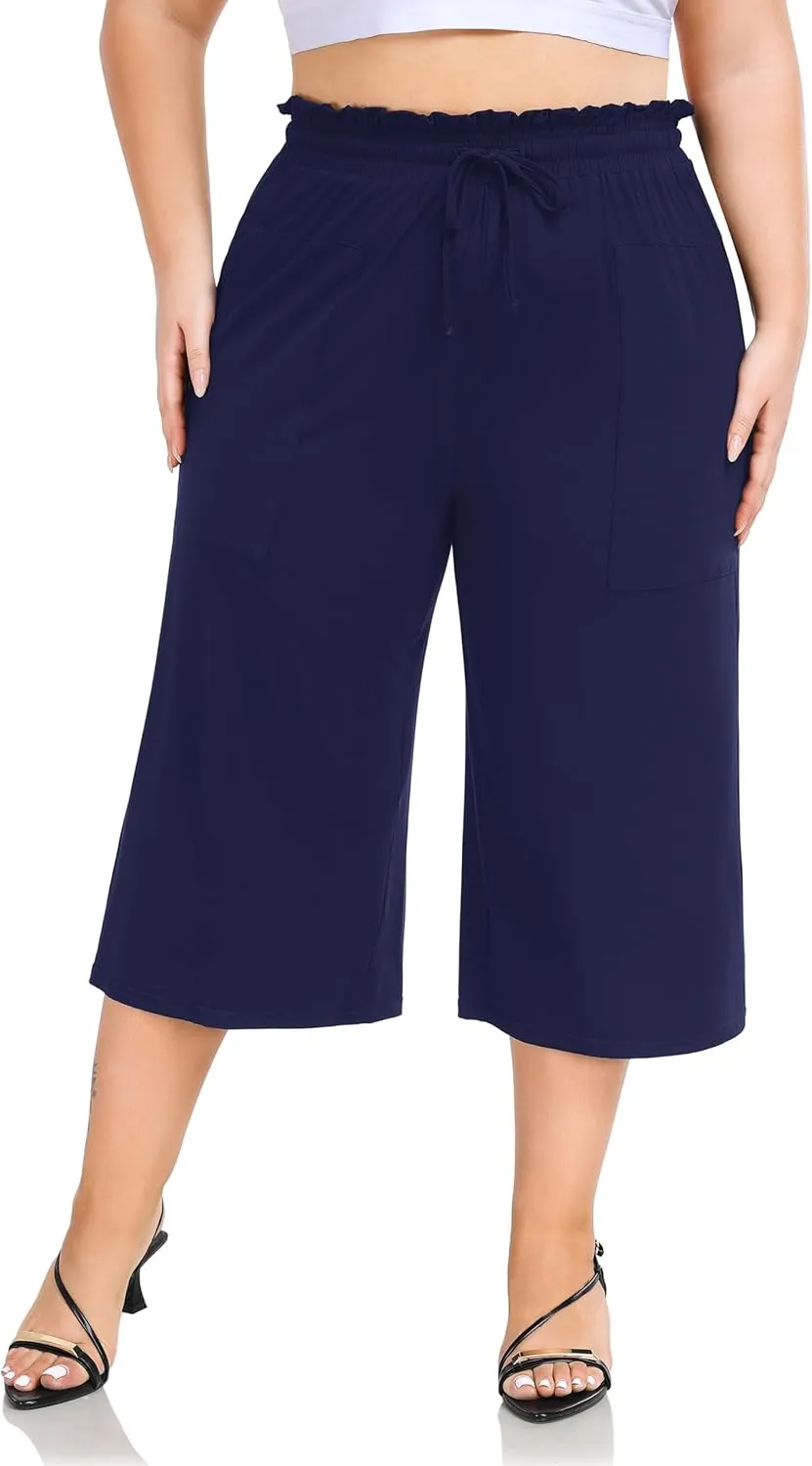 ZERDOCEAN Women's Plus Size Wide Leg Capris High Waisted Casual Lounge Pants with Drawstring Pockets