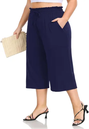 ZERDOCEAN Women's Plus Size Wide Leg Capris High Waisted Casual Lounge Pants with Drawstring Pockets