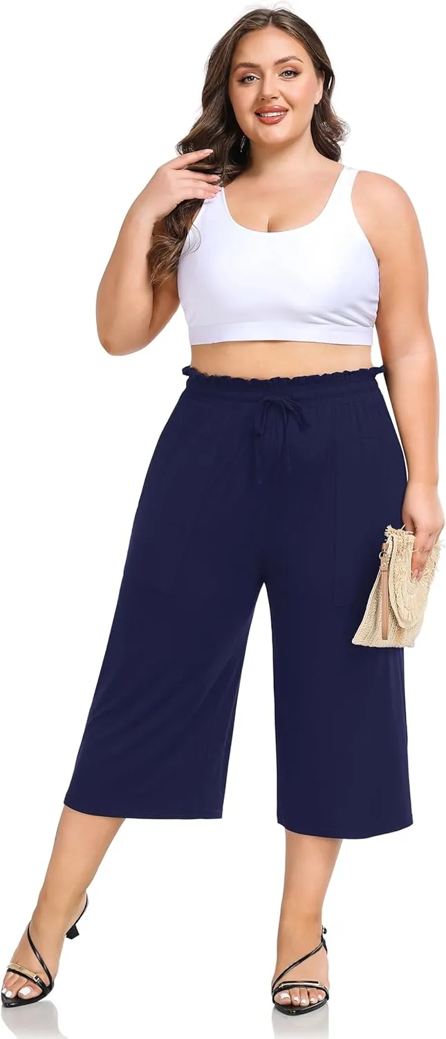 ZERDOCEAN Women's Plus Size Wide Leg Capris High Waisted Casual Lounge Pants with Drawstring Pockets