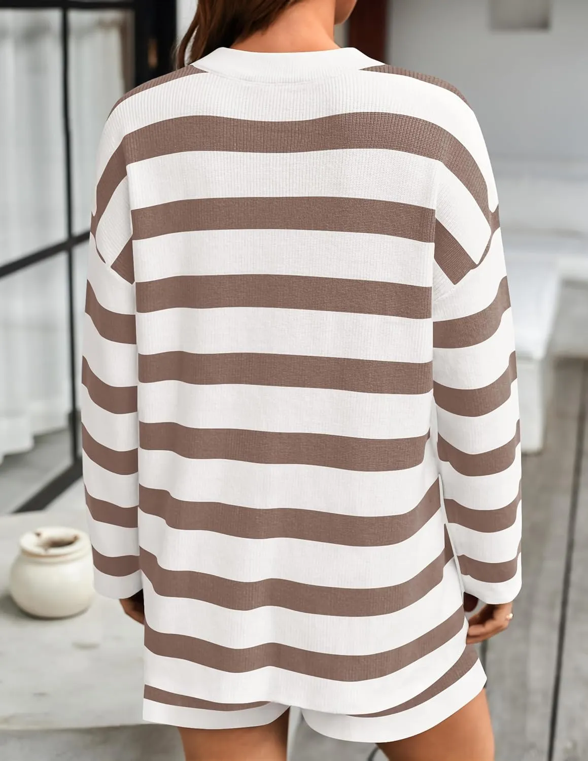ZESICA Striped Lounge Sets for Women 2 Piece Oversized Outfits Long Sleeve Tops and Shorts Sweater Pajama Set