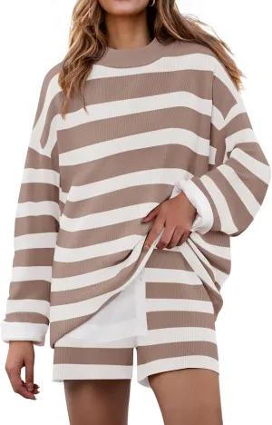 ZESICA Striped Lounge Sets for Women 2 Piece Oversized Outfits Long Sleeve Tops and Shorts Sweater Pajama Set