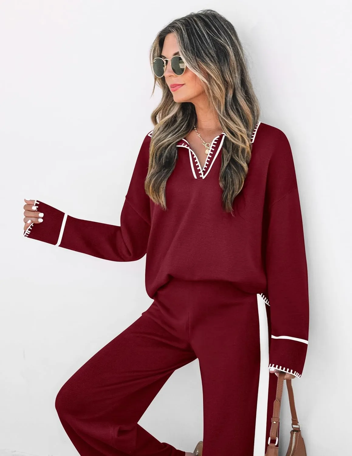 ZESICA Women's 2 Piece Fall Outfits Long Sleeve V Neck Knit Sweater Tops Wide Leg Pants Sweatsuit Lounge Sets