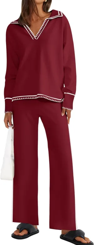 ZESICA Women's 2 Piece Fall Outfits Long Sleeve V Neck Knit Sweater Tops Wide Leg Pants Sweatsuit Lounge Sets