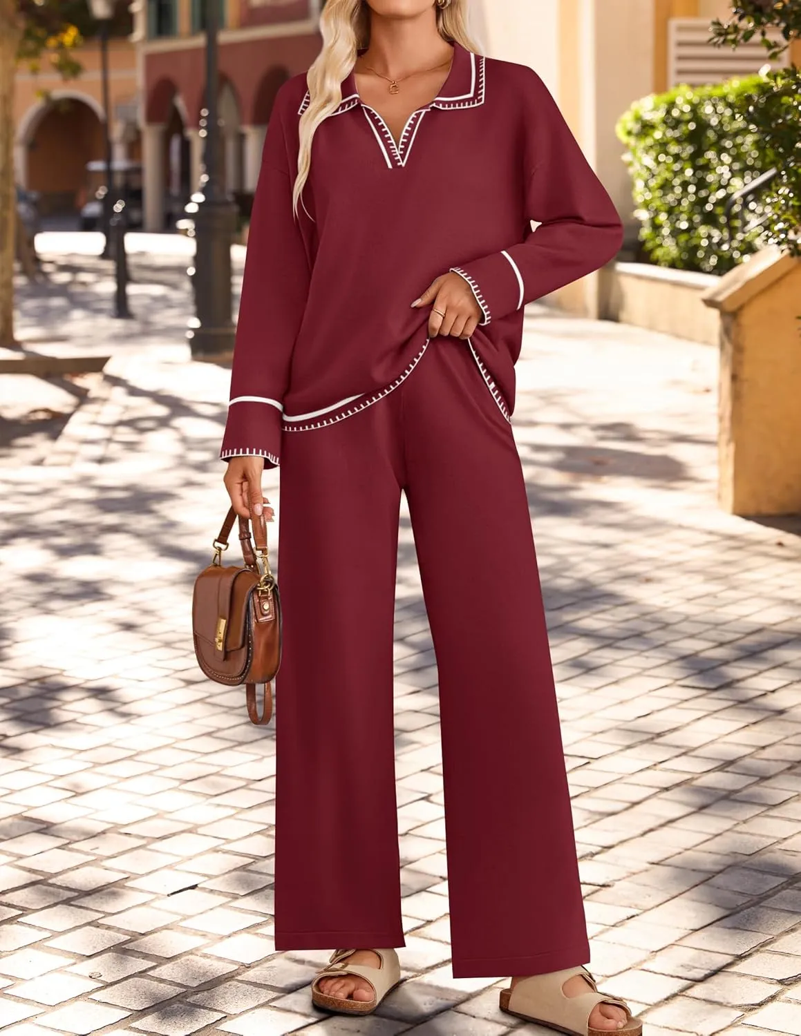 ZESICA Women's 2 Piece Fall Outfits Long Sleeve V Neck Knit Sweater Tops Wide Leg Pants Sweatsuit Lounge Sets