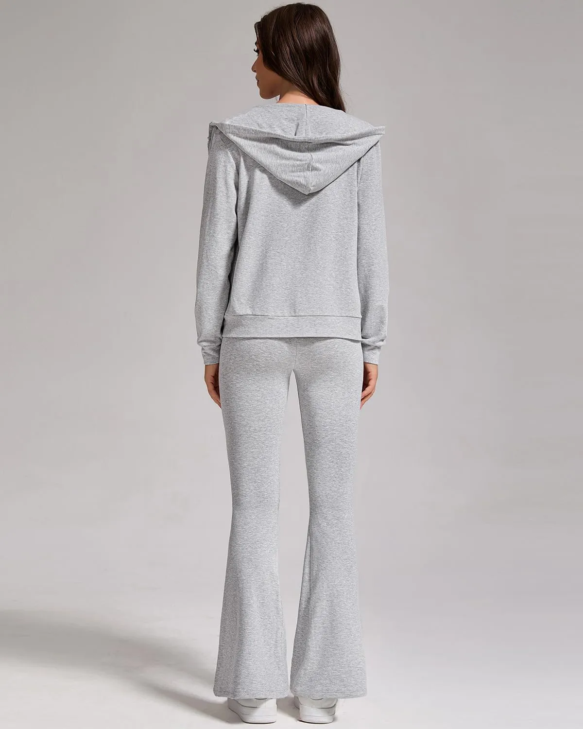 ZFLM Casual Workout Two Piece Outfits for Women Zip Up Hoodies High Waist Foldover Flare Pants Tracksuit Sets Streetwear