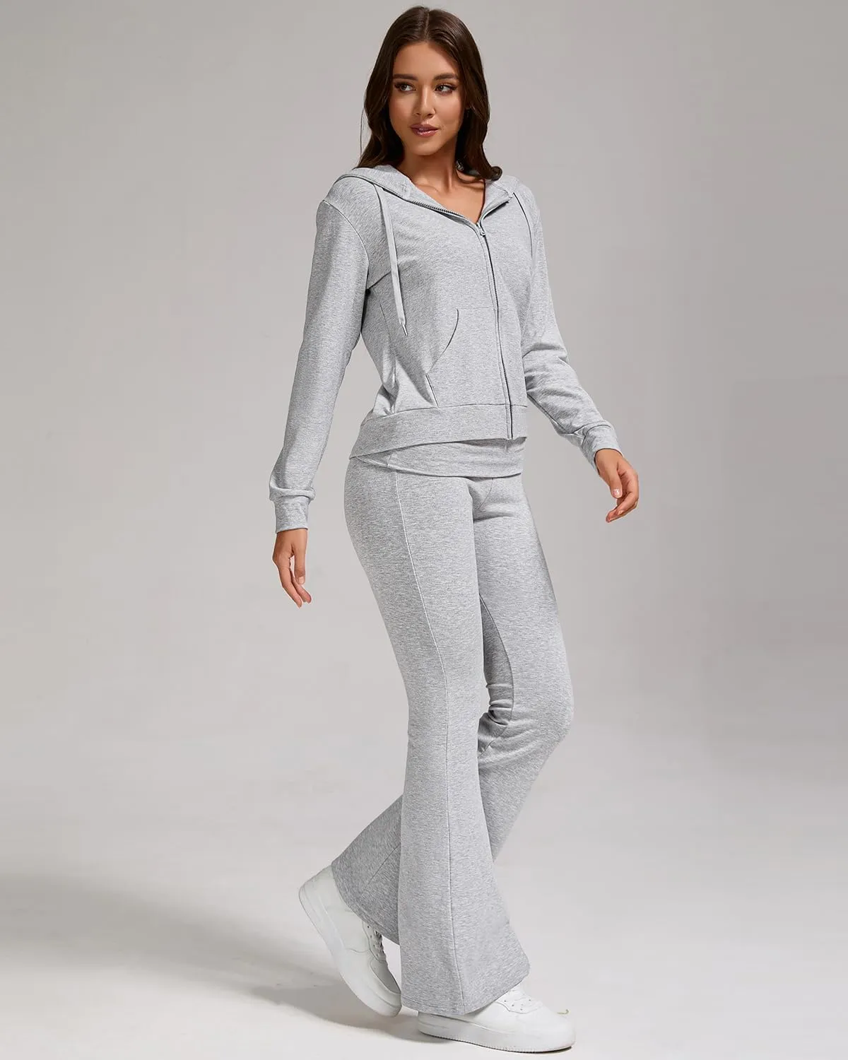 ZFLM Casual Workout Two Piece Outfits for Women Zip Up Hoodies High Waist Foldover Flare Pants Tracksuit Sets Streetwear