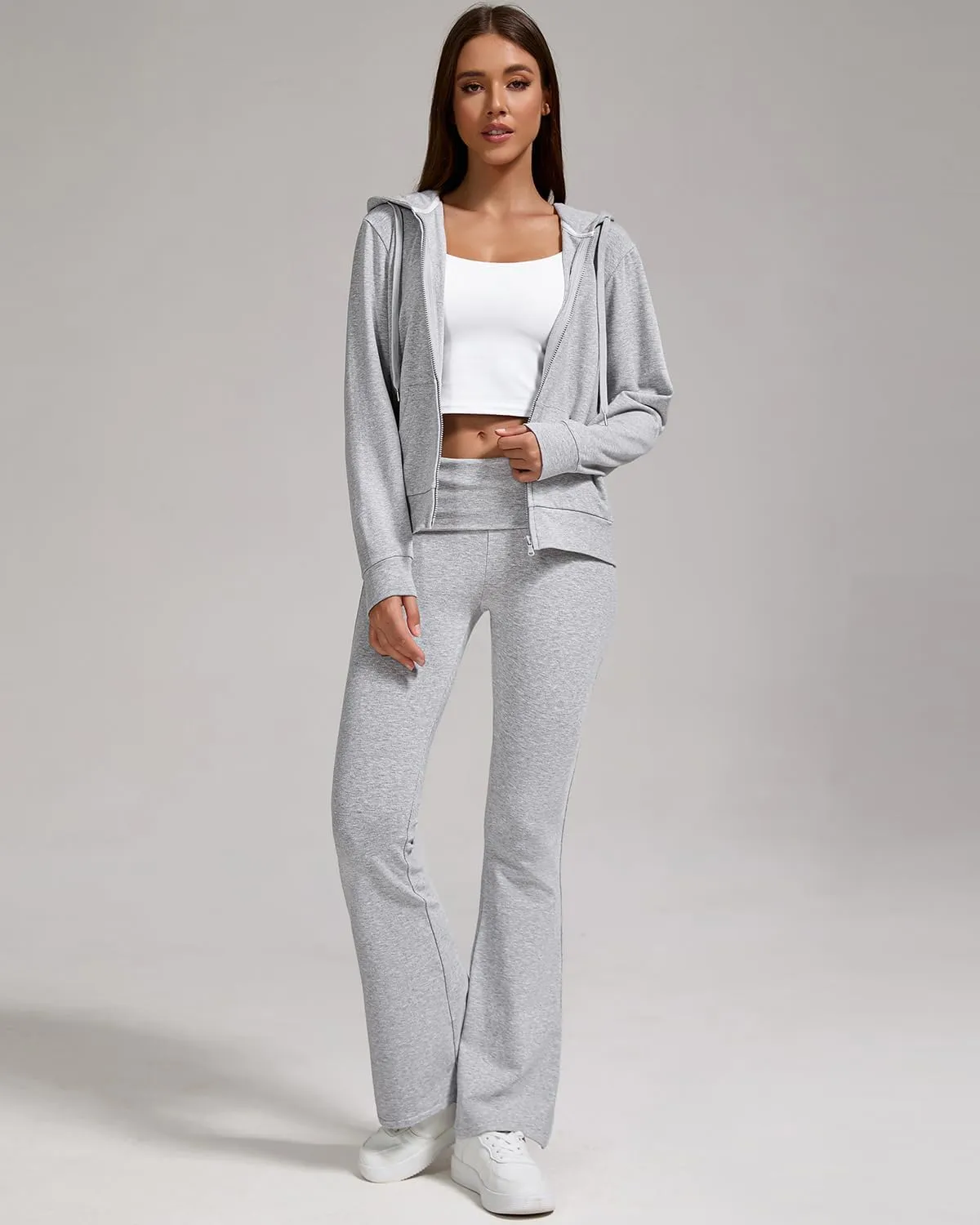 ZFLM Casual Workout Two Piece Outfits for Women Zip Up Hoodies High Waist Foldover Flare Pants Tracksuit Sets Streetwear
