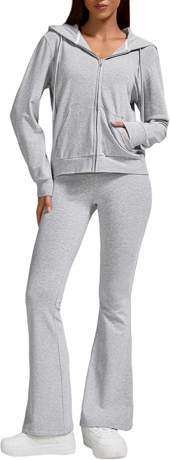 ZFLM Casual Workout Two Piece Outfits for Women Zip Up Hoodies High Waist Foldover Flare Pants Tracksuit Sets Streetwear