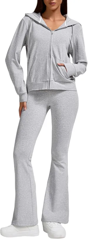 ZFLM Casual Workout Two Piece Outfits for Women Zip Up Hoodies High Waist Foldover Flare Pants Tracksuit Sets Streetwear